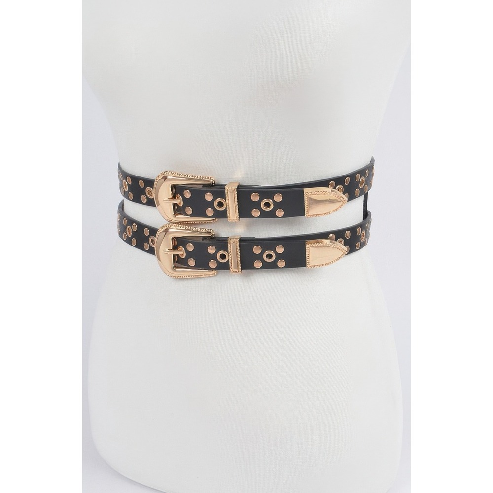 Double Buckle Belt Womens OS Black New Western Studded Eyelet‎